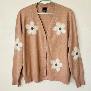 Aaeda Tan Floral Button-Front Cardigan Knit Sweater Embroidered Felted Flower XL